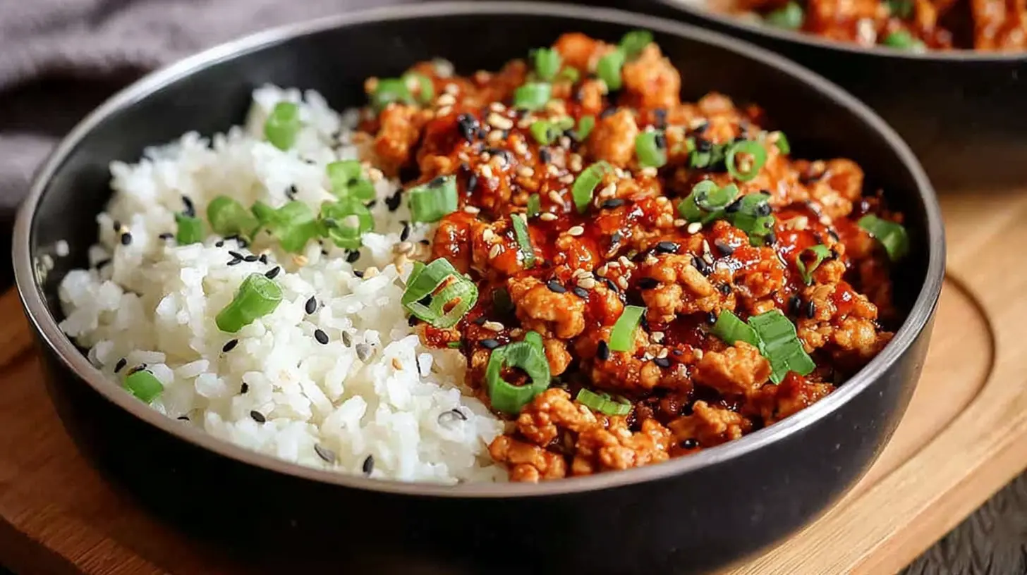 Low Carb Firecracker Ground Chicken topped with sesame seeds and green onions in a black bowl