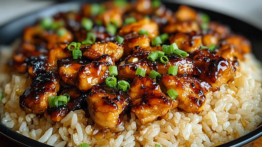 Honey BBQ Chicken Rice bowl with caramelized chicken chunks, brown rice, and sliced green onions