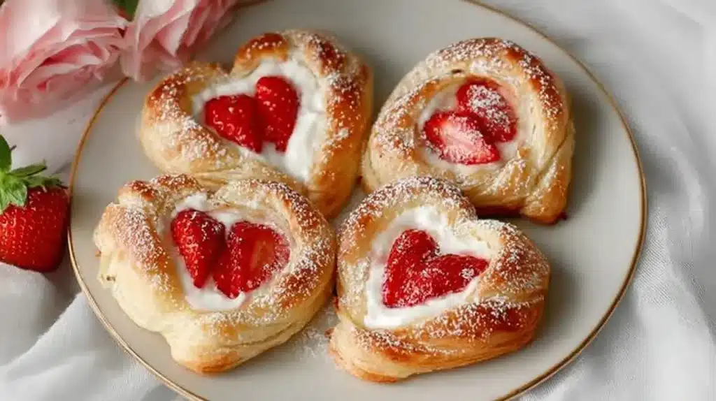 Strawberry Cream Danish heart-shaped pastries filled with sweet cream and fresh strawberries, dusted with powdered sugar on a plate