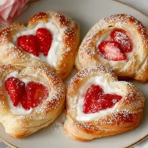 Strawberry Cream Danish heart-shaped pastries filled with sweet cream and fresh strawberries, dusted with powdered sugar on a plate