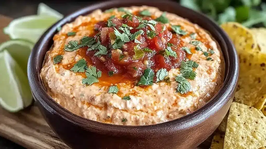 Cream Cheese Salsa Dip topped with chunky salsa and fresh cilantro, served with tortilla chips and lime wedges