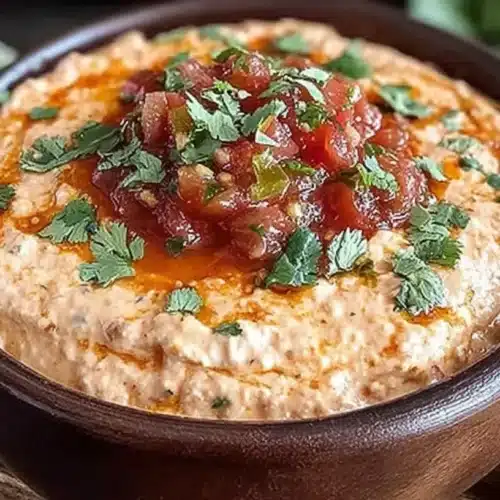 Cream Cheese Salsa Dip topped with chunky salsa and fresh cilantro, served with tortilla chips and lime wedges