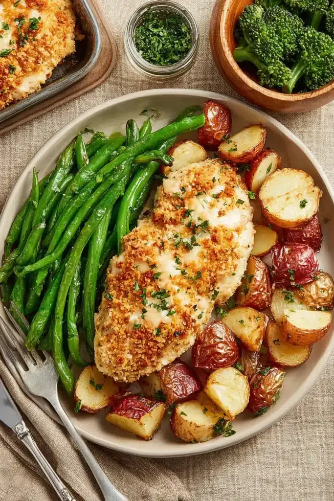 Parmesan Crusted Chicken Sheet Pan Dinner: Easy, Flavor-Packed 2 Plated Parmesan Crusted Chicken Sheet Pan Dinner served with roasted red potatoes and crisp green beans, finished with fresh herbs