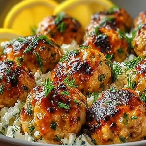 Greek Chicken Meatballs with Lemon Orzo served in a bowl with creamy lemon orzo, baked chicken meatballs, dill, and fresh lemon slices