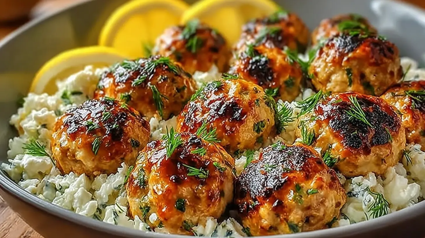 Greek Chicken Meatballs with Lemon Orzo served in a bowl with creamy lemon orzo, baked chicken meatballs, dill, and fresh lemon slices
