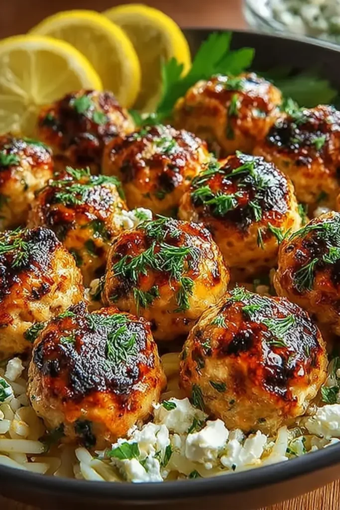 Greek Chicken Meatballs with Lemon Orzo served over lemony orzo, golden baked chicken meatballs garnished with fresh dill and lemon slices