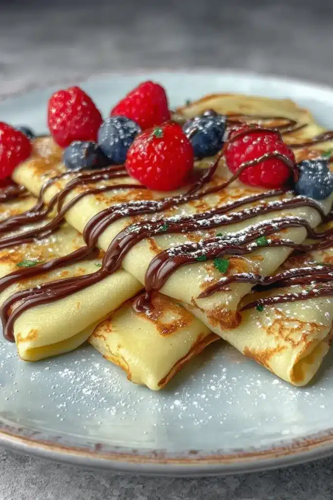 Quick and easy crepes topped with chocolate drizzle, raspberries, blueberries, and powdered sugar