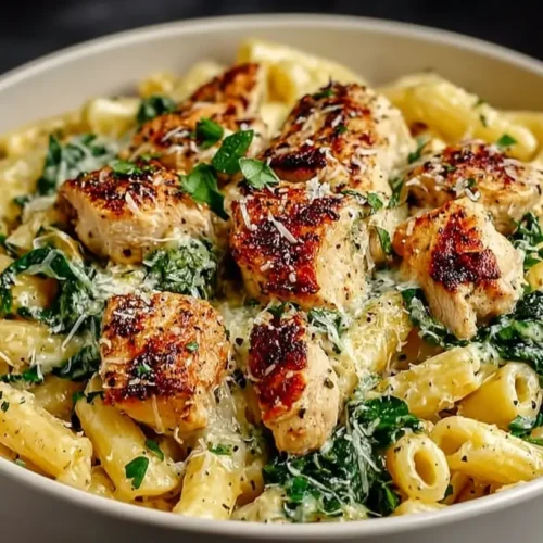 Garlic Parmesan Chicken Pasta in a white bowl with penne, seared chicken bites, creamy garlic-Parmesan sauce, spinach, and grated Parmesan
