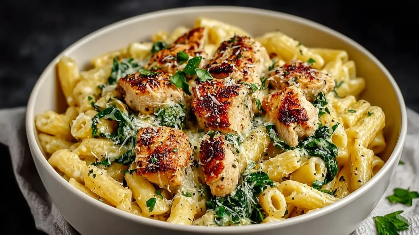 Garlic Parmesan Chicken Pasta in a white bowl with penne, seared chicken bites, creamy garlic-Parmesan sauce, spinach, and grated Parmesan