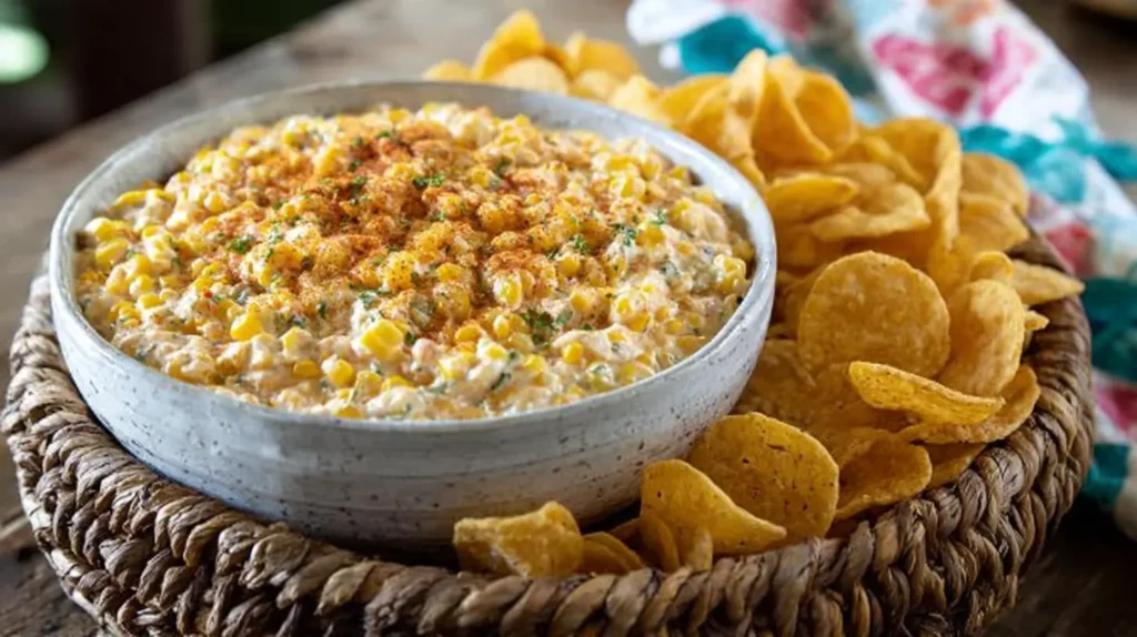 Out-of-this-World Corn Dip in a serving bowl topped with paprika and herbs, served with a pile of tortilla chips on a woven tray