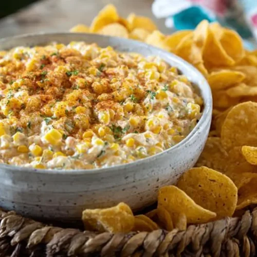 Out-of-this-World Corn Dip in a serving bowl topped with paprika and herbs, served with a pile of tortilla chips on a woven tray