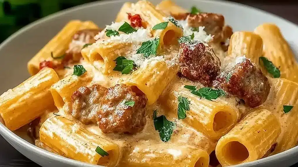 Creamy Italian Sausage Rigatoni with tender rigatoni pasta, browned sausage, parsley, and Parmesan in a rich cream sauce