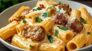 Creamy Italian Sausage Rigatoni with tender rigatoni pasta, browned sausage, parsley, and Parmesan in a rich cream sauce