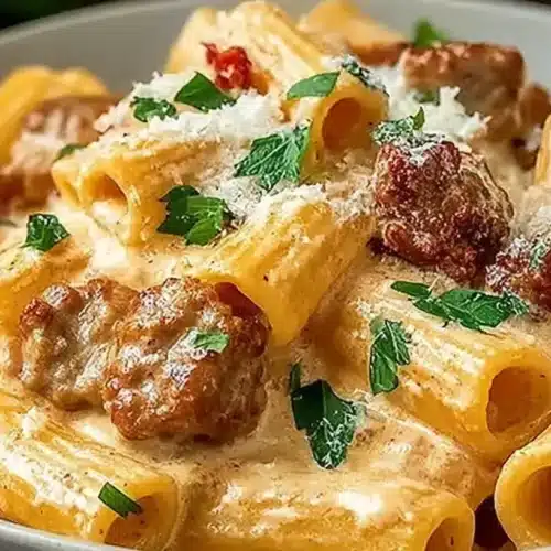 Creamy Italian Sausage Rigatoni with tender rigatoni pasta, browned sausage, parsley, and Parmesan in a rich cream sauce