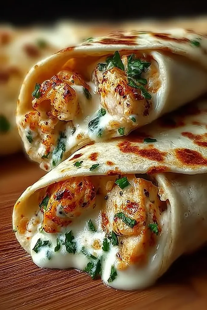 Cheesy Garlic Chicken Wraps cut open with creamy garlic sauce, juicy chicken pieces, melted cheese, and fresh herbs on a wooden board