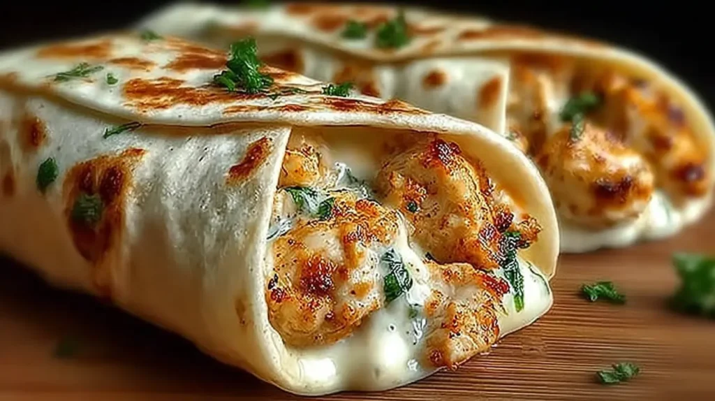 Cheesy Garlic Chicken Wraps with golden toasted tortilla, creamy garlic cheese sauce, tender chicken, and chopped parsley served on a wooden cutting board