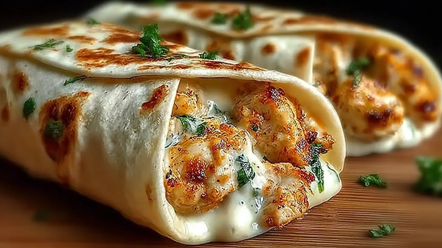Cheesy Garlic Chicken Wraps with golden toasted tortilla, creamy garlic cheese sauce, tender chicken, and chopped parsley served on a wooden cutting board