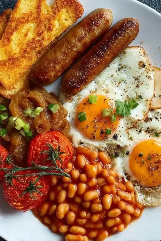 Full English Breakfast at Home: Quick, Amazing Results 3 Full English Breakfast at Home with fried eggs, sausages, baked beans, grilled tomatoes, toast, and sautéed onions on a plate