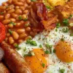 Full English Breakfast at Home with fried eggs, baked beans, bacon, sausage, grilled tomato, mushroom, and toast on a white plate