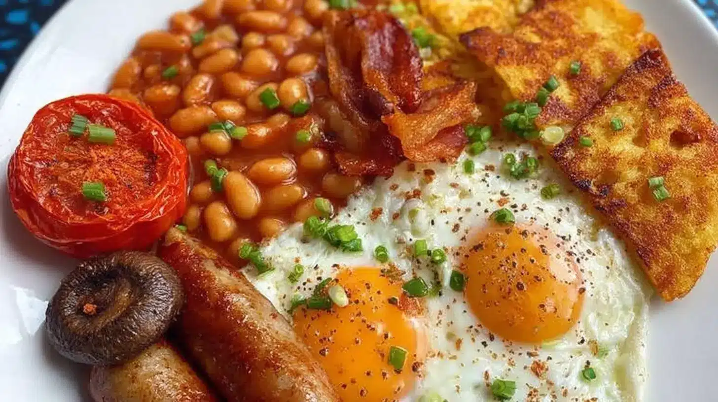 Full English Breakfast at Home: Quick, Amazing Results 1 Full English Breakfast at Home with fried eggs, baked beans, bacon, sausage, grilled tomato, mushroom, and toast on a white plate