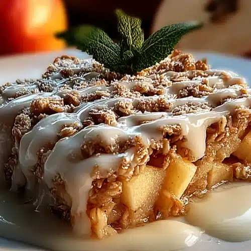 Oatmeal Apple Breakfast Bake: Easy, Irresistible Meal Prep 2 Oatmeal Apple Breakfast Bake served on a plate with vanilla glaze drizzle, baked oats, and apple pieces, topped with fresh mint