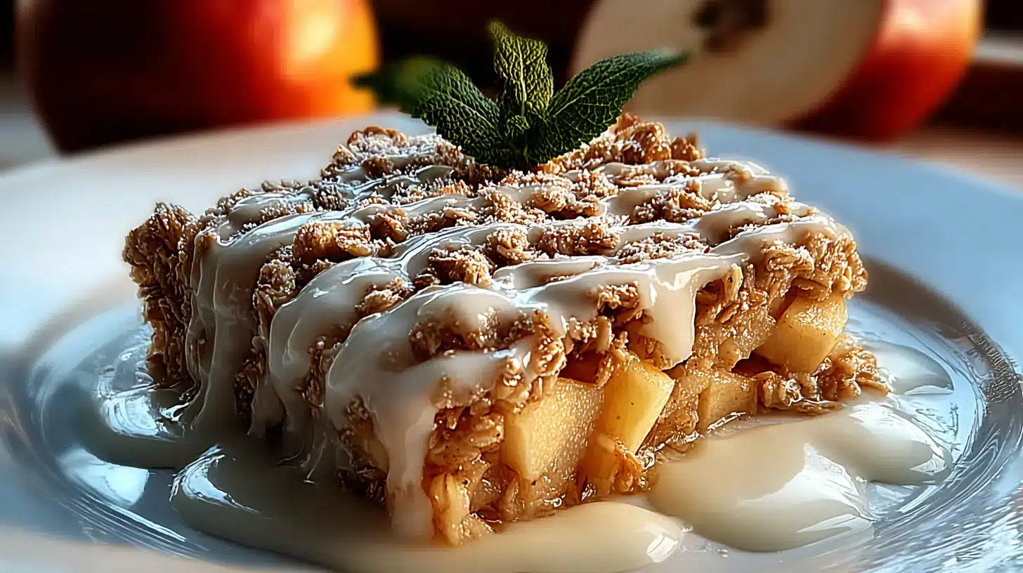 Oatmeal Apple Breakfast Bake: Easy, Irresistible Meal Prep 1 Oatmeal Apple Breakfast Bake served on a plate with vanilla glaze drizzle, baked oats, and apple pieces, topped with fresh mint