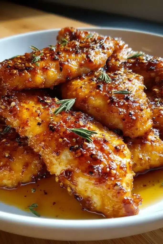 Air Fryer Maple Glazed Chicken Breast coated in a glossy maple glaze with rosemary sprigs and extra sauce in the bowl