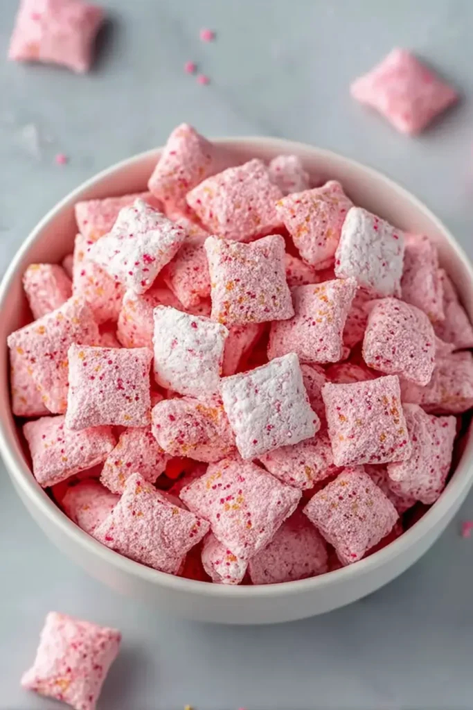 Easy Strawberry Shortcake Puppy Chow: Simple, Stunning Treat 3 Easy Strawberry Shortcake Puppy Chow in a bowl with pink powdered coating and sprinkles