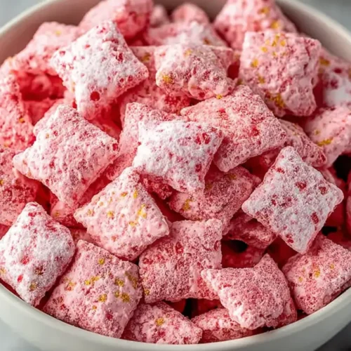 Easy Strawberry Shortcake Puppy Chow: Simple, Stunning Treat 2 Easy Strawberry Shortcake Puppy Chow snack mix piled high in a bowl with extra pieces scattered around