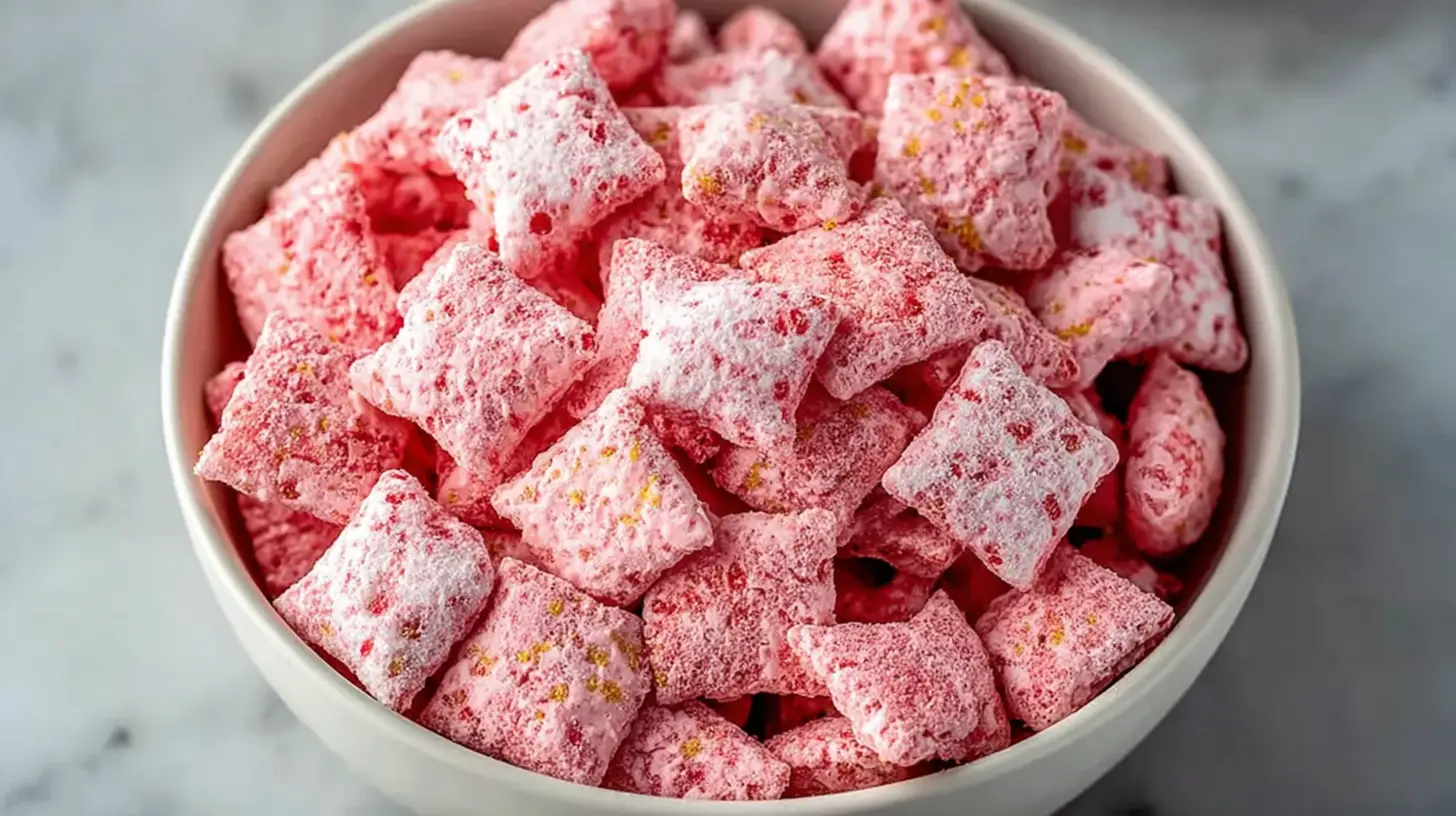 Easy Strawberry Shortcake Puppy Chow: Simple, Stunning Treat 1 Easy Strawberry Shortcake Puppy Chow snack mix piled high in a bowl with extra pieces scattered around