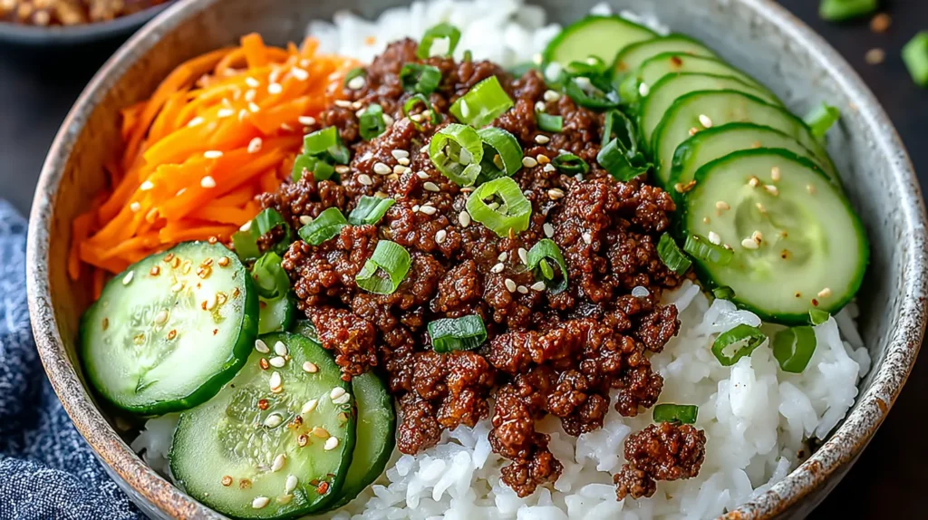 Korean Ground Beef Bowl served over white rice with saucy ground beef, sliced cucumbers, shredded carrots, sesame seeds, and chopped green onions