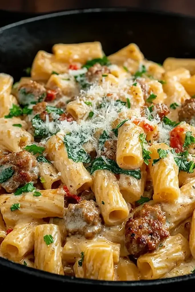 Creamy Italian Sausage Rigatoni with rigatoni pasta, Italian sausage, spinach, herbs, and Parmesan in a creamy skillet sauce