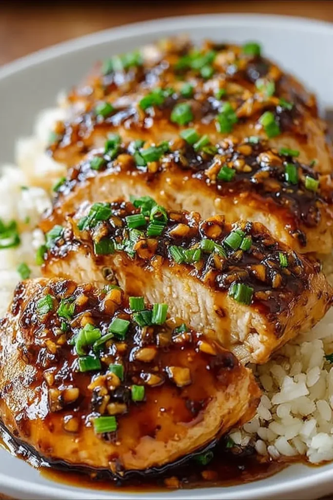 Honey Garlic Chicken Breasts: Easy, Flavor-Packed 3 Honey Garlic Chicken Breasts served in a bowl over white rice with sticky honey-garlic glaze and fresh chopped green onions