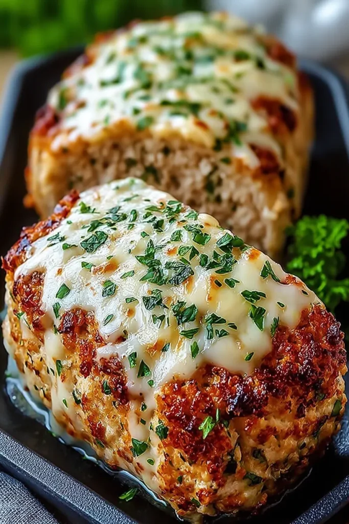 Sliced Garlic Parmesan Chicken Meatloaves showing juicy interior with parmesan cheese and herbs