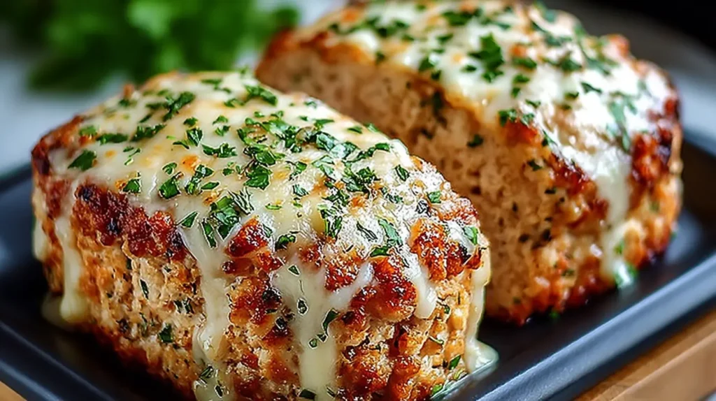 Garlic Parmesan Chicken Meatloaves topped with melted cheese and fresh parsley on a dark serving plate