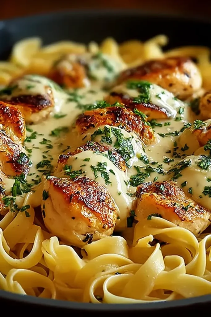 One-Pan Chicken with Buttered Noodles: Cozy, Proven Favorite 3 One-Pan Chicken with Buttered Noodles topped with creamy buttery sauce, juicy seared chicken, tender egg noodles, and parsley flakes