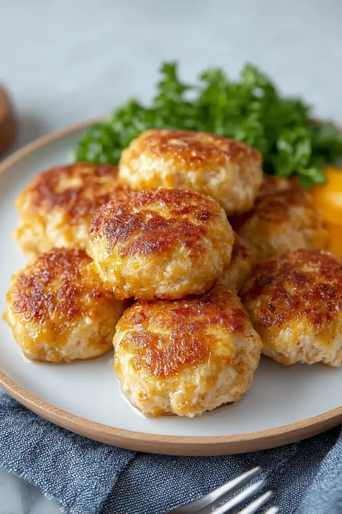 Juicy Ground Chicken Kids Recipe meatballs stacked on a plate with a golden crust and soft, tender texture