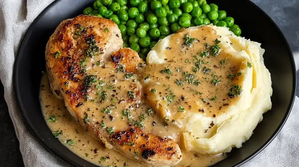 Creamy Ranch Chicken Served With Mashed Potatoes and Peas
