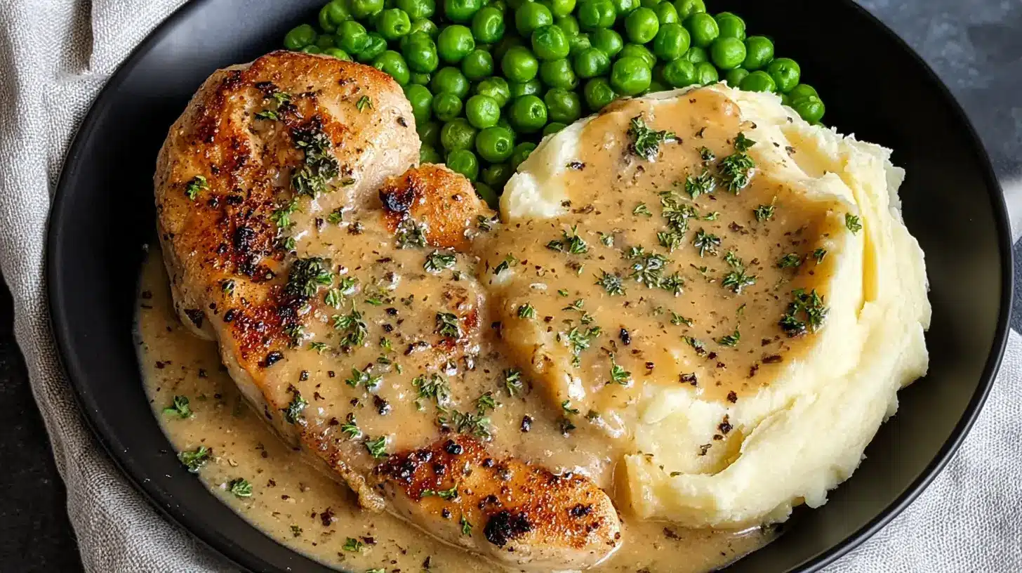 Creamy Ranch Chicken Served With Mashed Potatoes and Peas
