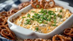 Really Good Pretzel Dip baked in a white casserole dish with melted cheesy top, chopped green onions, and pretzels for dipping