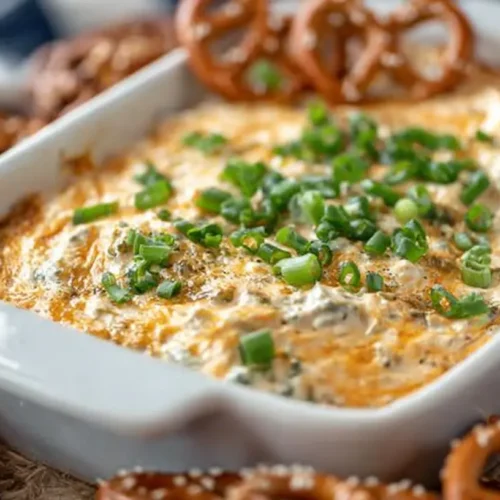 Really Good Pretzel Dip: Easy, Irresistible Party Favorite 2 Really Good Pretzel Dip baked in a white casserole dish with melted cheesy top, chopped green onions, and pretzels for dipping