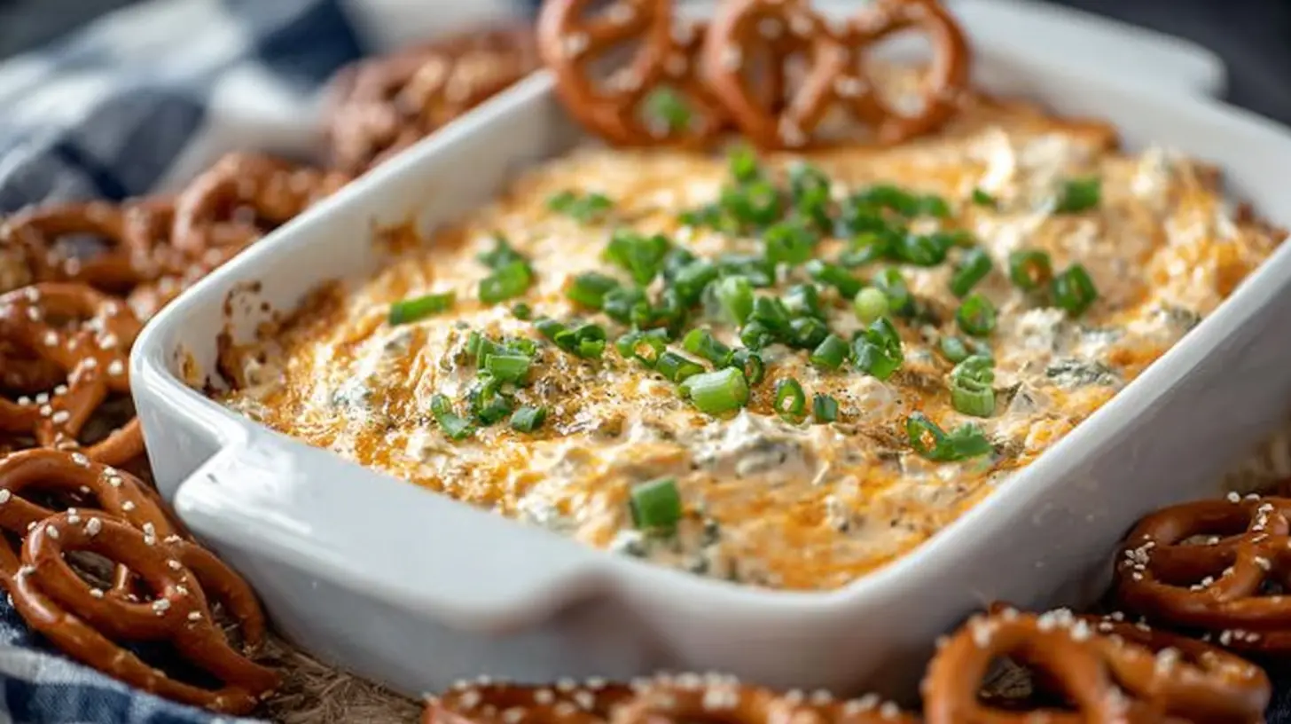 Really Good Pretzel Dip: Easy, Irresistible Party Favorite 1 Really Good Pretzel Dip baked in a white casserole dish with melted cheesy top, chopped green onions, and pretzels for dipping