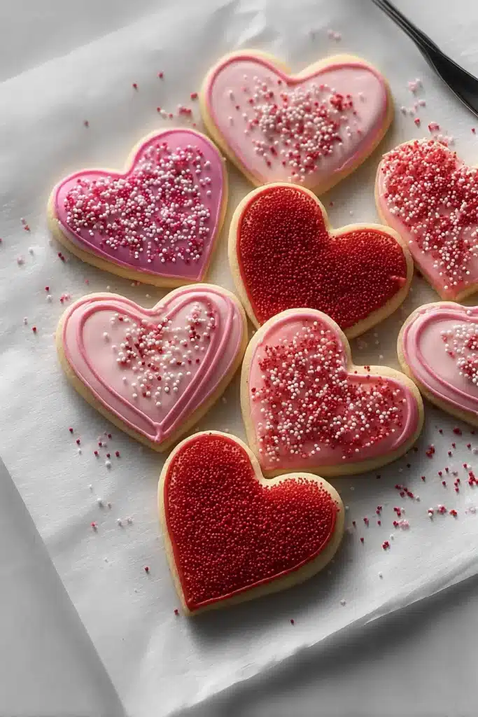 Valentine’s Day Sugar Cookies with Royal Icing: Easy Hearts 3 Valentine’s Day Sugar Cookies with Royal Icing in heart shapes decorated with pink icing and red sprinkles on parchment paper