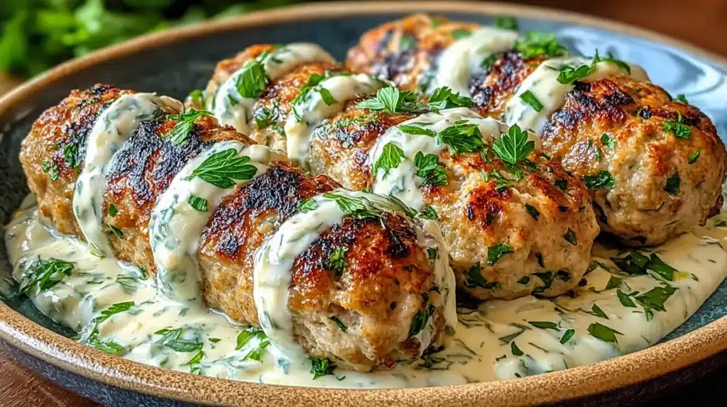 Chicken kofta with garlic yogurt sauce plated with fresh parsley and a rich creamy drizzle