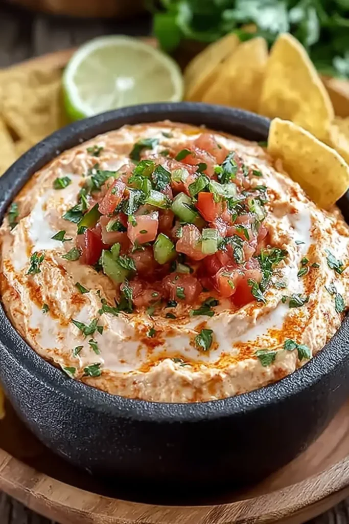 Cream Cheese Salsa Dip in a black bowl topped with pico de gallo and cilantro, surrounded by tortilla chips with lime in the background