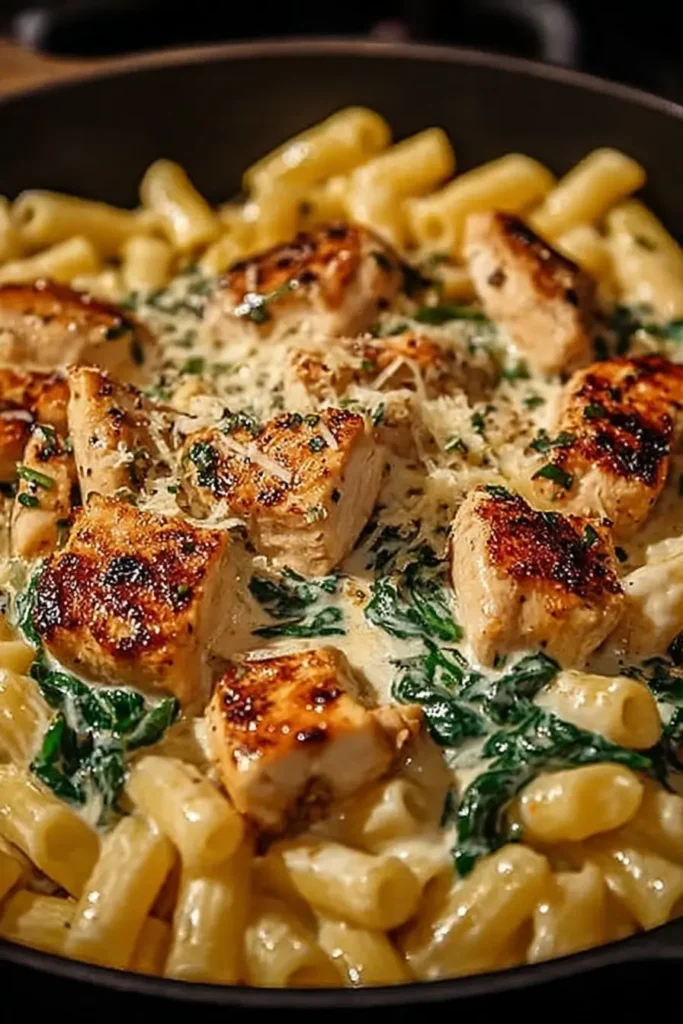 Garlic Parmesan Chicken Pasta in a skillet with creamy garlic-Parmesan sauce, browned chicken pieces, penne pasta, spinach, and melted Parmesan