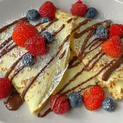 Quick and easy crepes served on a plate with chocolate drizzle, mixed berries, and powdered sugar