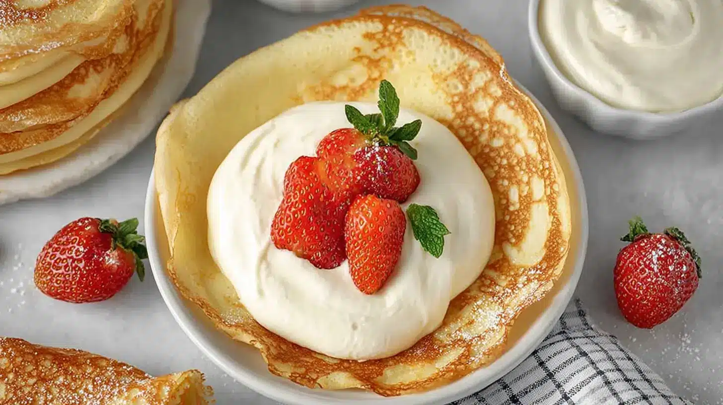 Cream Cheese Crepe Filling: Easy, Light, Flavor-Packed 1 Cream Cheese Crepe Filling piled in a golden crepe and topped with fresh strawberries and mint on a light gray surface