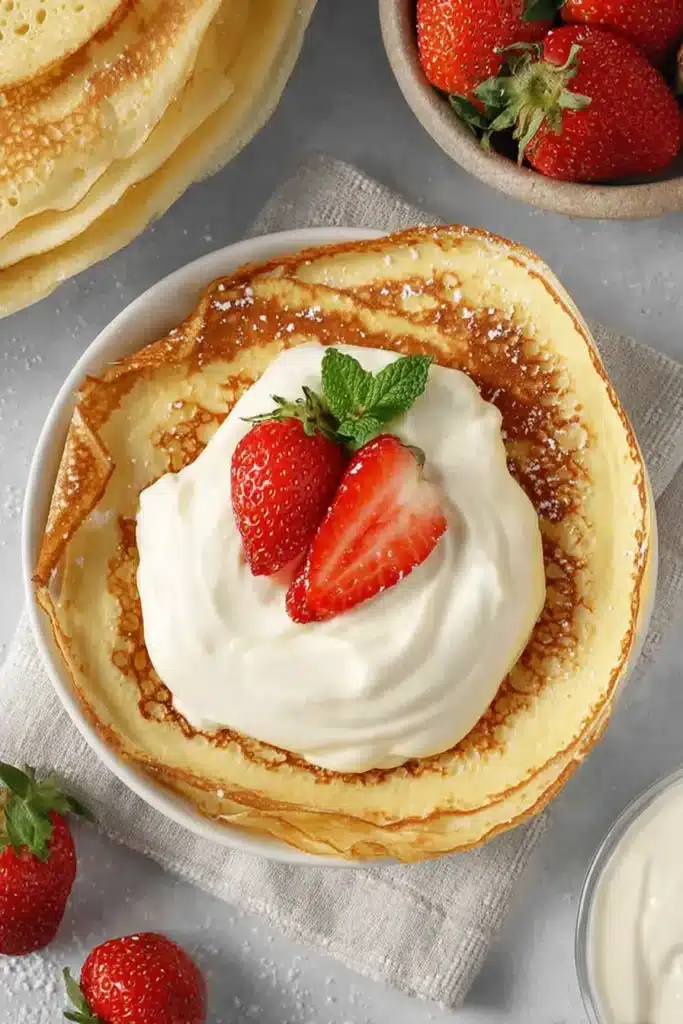 Cream Cheese Crepe Filling: Easy, Light, Flavor-Packed 3 Cream Cheese Crepe Filling spread over a stack of tender crepes, topped with strawberries and mint for a simple brunch-style photo