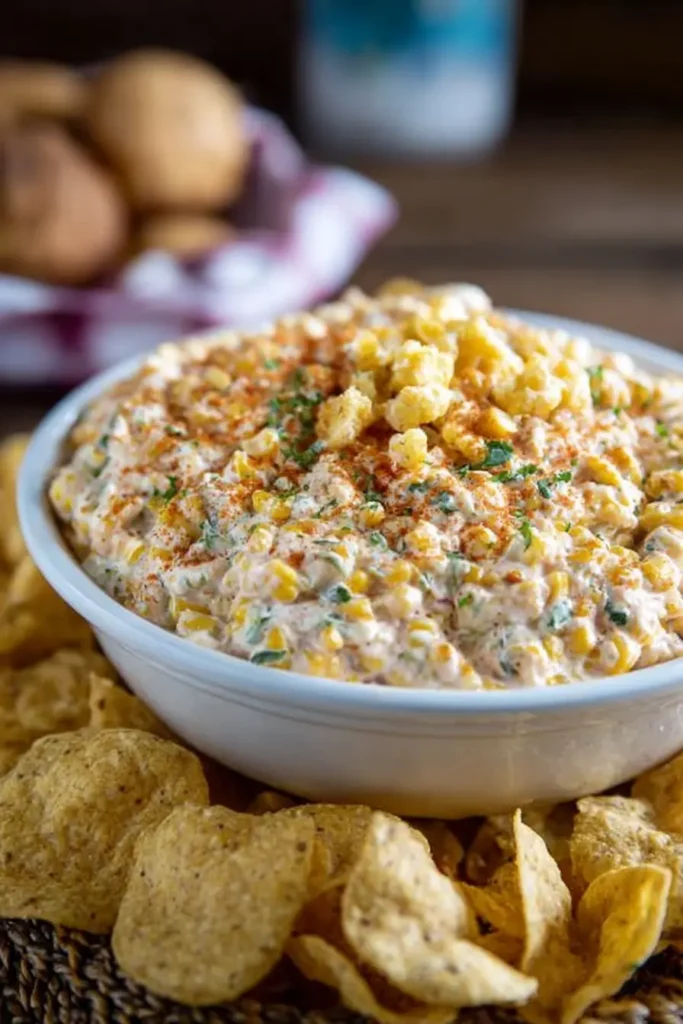 Out-of-this-World Corn Dip in a white bowl with creamy corn mixture, paprika sprinkle, and tortilla chips for dipping